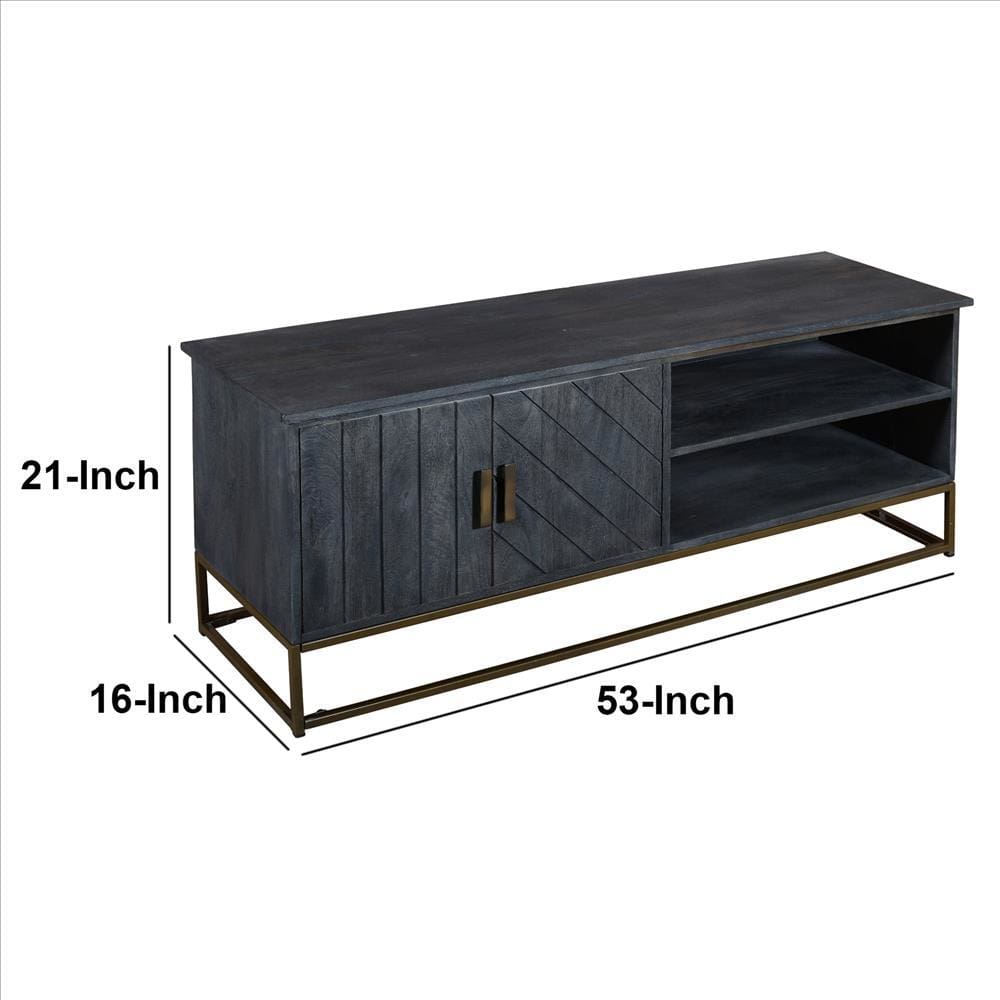 53 Inches Plank Design 2 Door Mango Wood Tv Media Cabinet With Metal Base Gray By The Urban Port UPT-237994