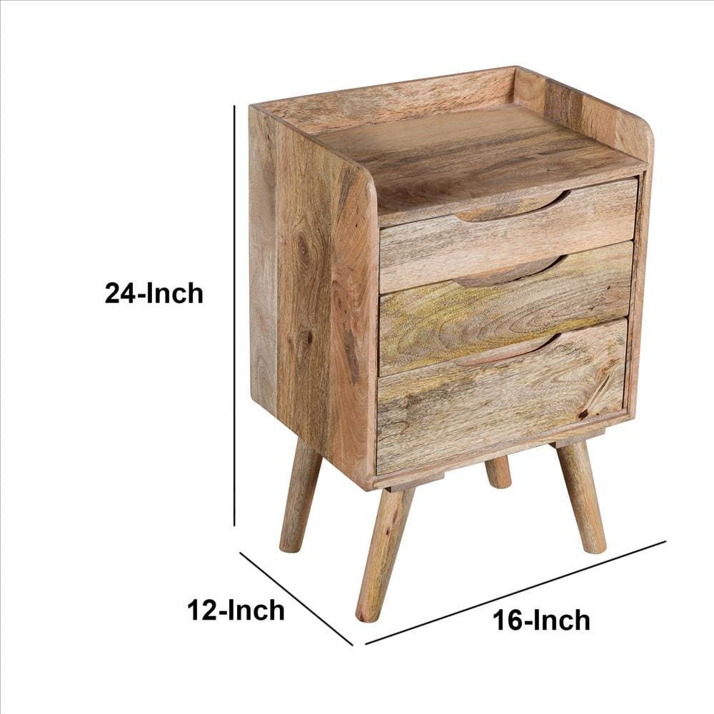 24 Inches 3 Drawer Mango Wood Bedside Table With Grains And Tray Top Oak Brown By The Urban Port UPT-237997