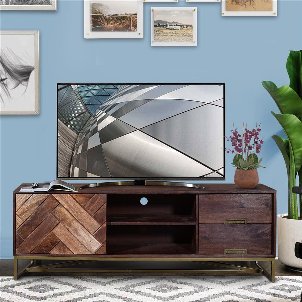 63 Inches 2 Drawer Mango Wood Tv Media Cabinet With Herringbone Inlaid Door Storage Brown By The Urban Port UPT-238002