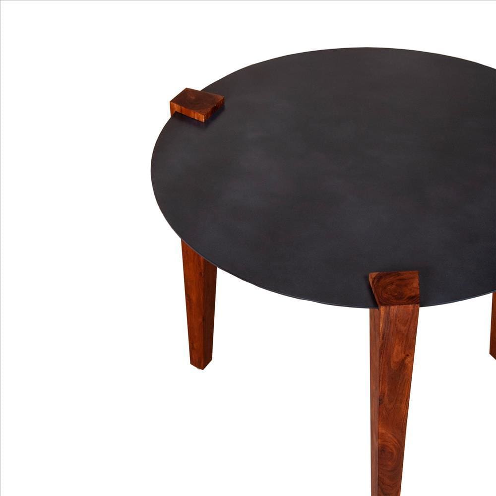 20 Inches Round Metal Top Side End Table with Tapered Legs Brown and Black By The Urban Port UPT-238065