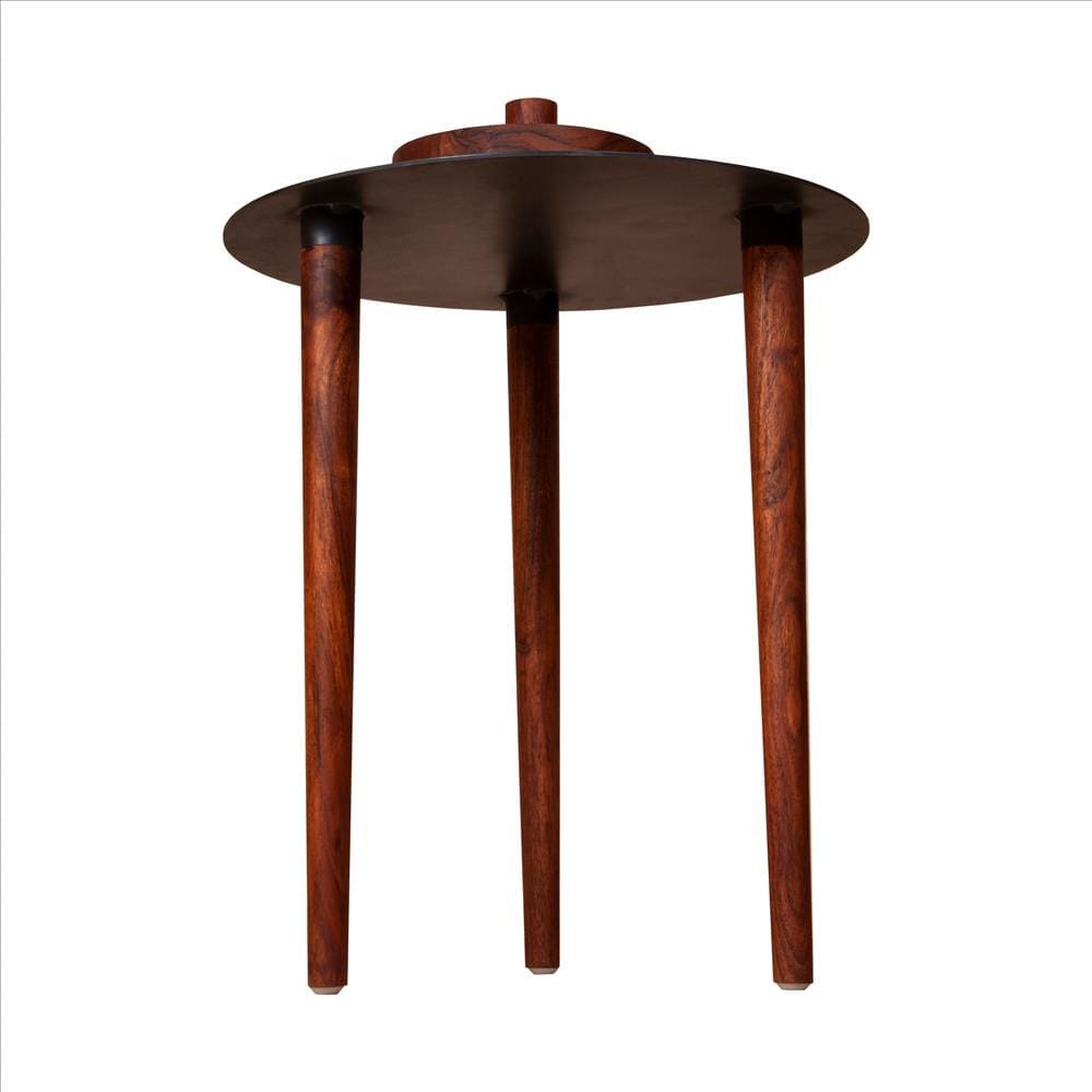 Round Metal Top Side Table with Rotatable Tray and Tripod Legs Brown and Black By The Urban Port UPT-238066