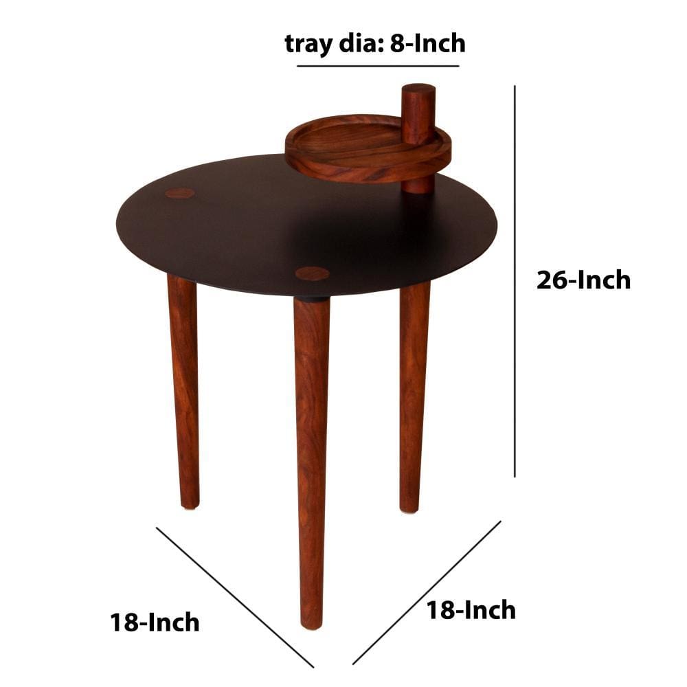 Round Metal Top Side Table with Rotatable Tray and Tripod Legs Brown and Black By The Urban Port UPT-238066