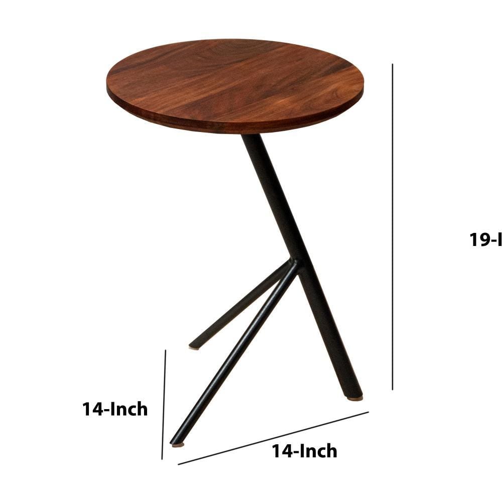 Round Solid Wood Industrial End Table with Sleek Metal Legs Brown and Black By The Urban Port UPT-238067