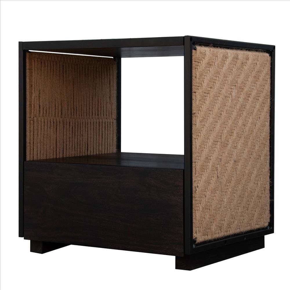 Single Drawer Solid Wood Nightstand with Open Storage and Jute Woven Side Panels Black By The Urban Port UPT-238069