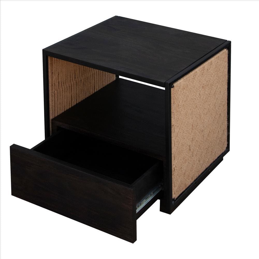 Single Drawer Solid Wood Nightstand with Open Storage and Jute Woven Side Panels Black By The Urban Port UPT-238069