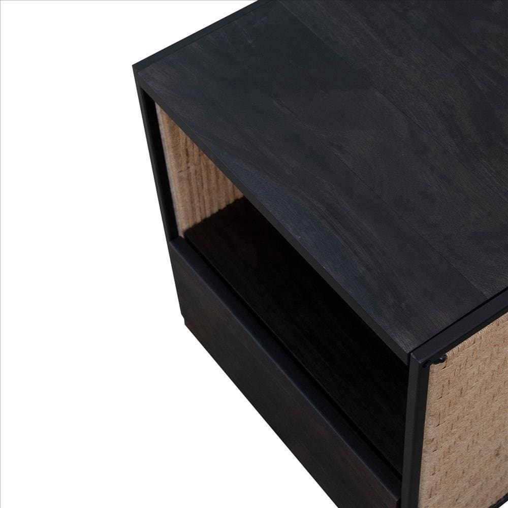 Single Drawer Solid Wood Nightstand with Open Storage and Jute Woven Side Panels Black By The Urban Port UPT-238069