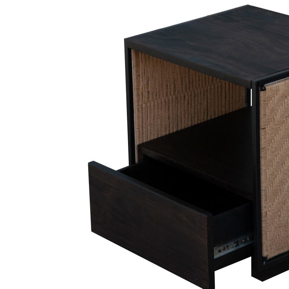 Single Drawer Solid Wood Nightstand with Open Storage and Jute Woven Side Panels Black By The Urban Port UPT-238069