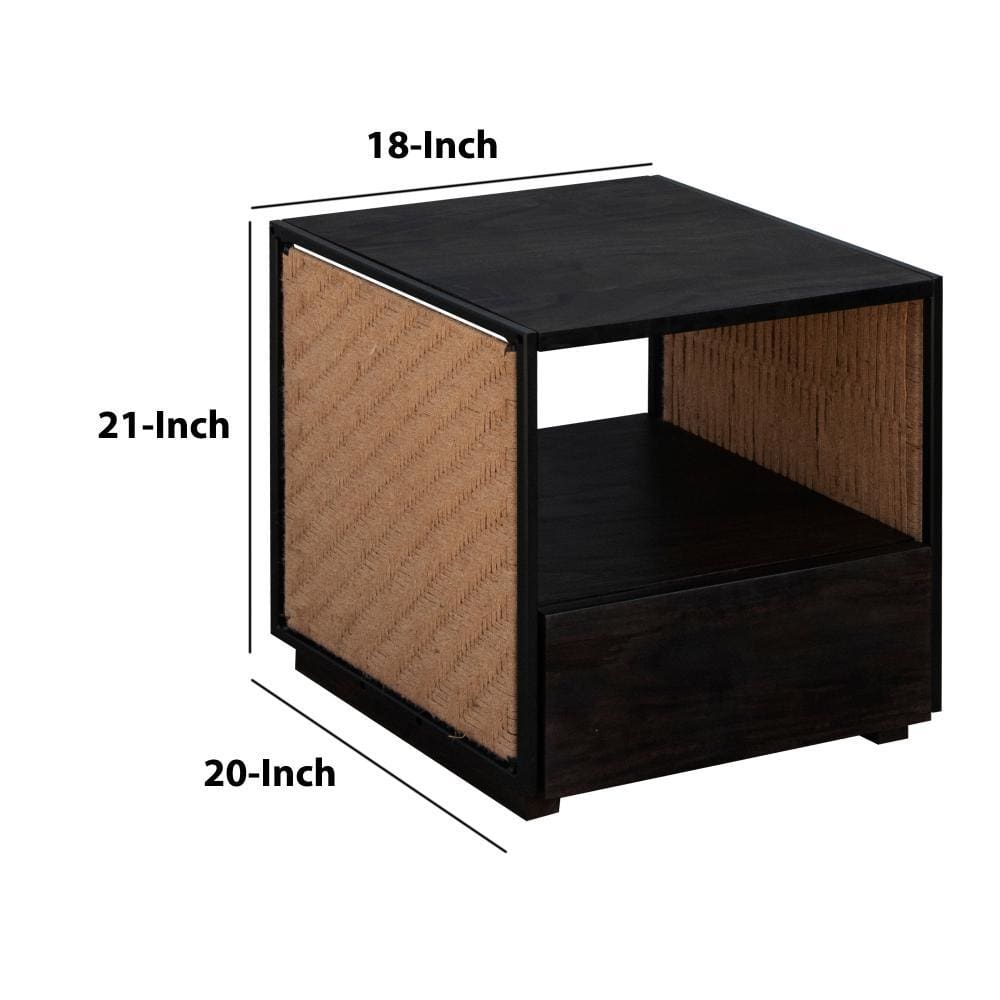 Single Drawer Solid Wood Nightstand with Open Storage and Jute Woven Side Panels Black By The Urban Port UPT-238069