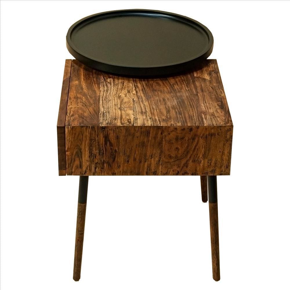 Single Drawer Industrial End Table with Conjoined Round Metal Tray Brown and Black By The Urban Port UPT-238071