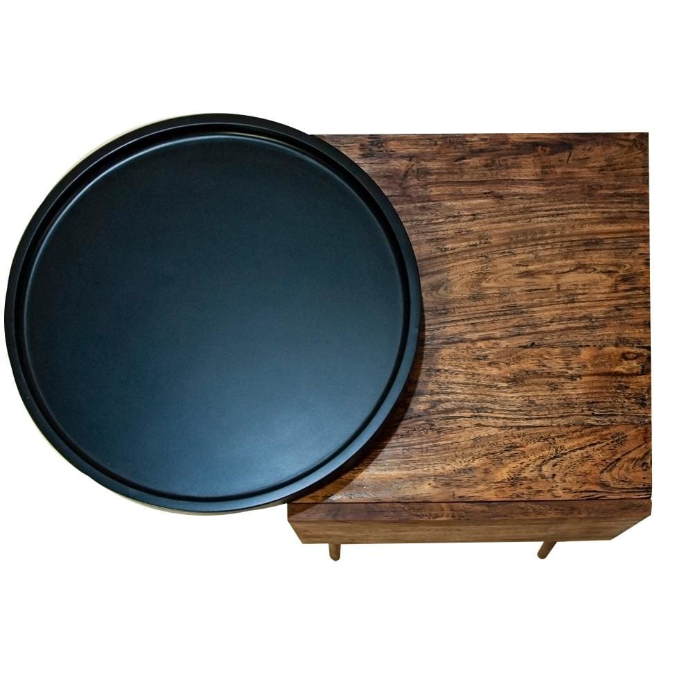 21.5 Inch Wooden End Table with Round Metal Tray and 1 Drawer Brown and Black By The Urban Port UPT-238071