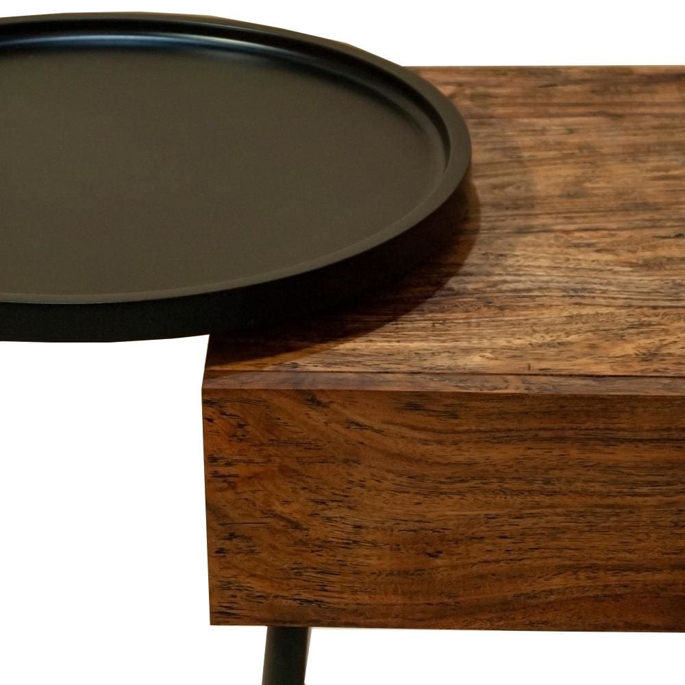 21.5 Inch Wooden End Table with Round Metal Tray and 1 Drawer Brown and Black By The Urban Port UPT-238071