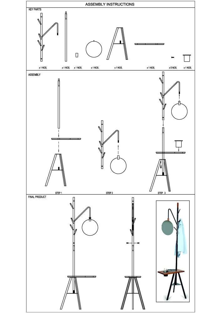 Standing Metal Coat Rack with Conjoined Mirror and Wooden Desk Brown and Black By The Urban Port UPT-238072