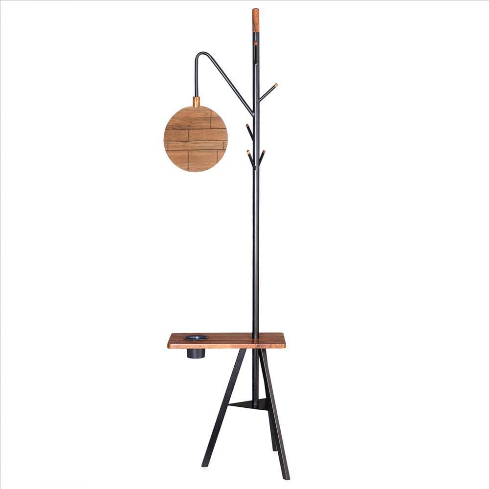 Standing Metal Coat Rack with Conjoined Mirror and Wooden Desk Brown and Black By The Urban Port UPT-238072