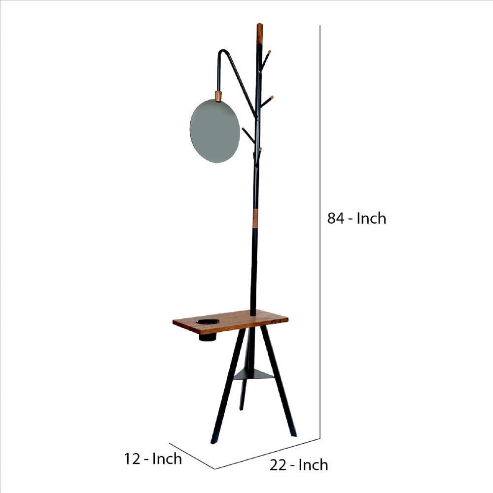 Standing Metal Coat Rack with Conjoined Mirror and Wooden Desk Brown and Black By The Urban Port UPT-238072