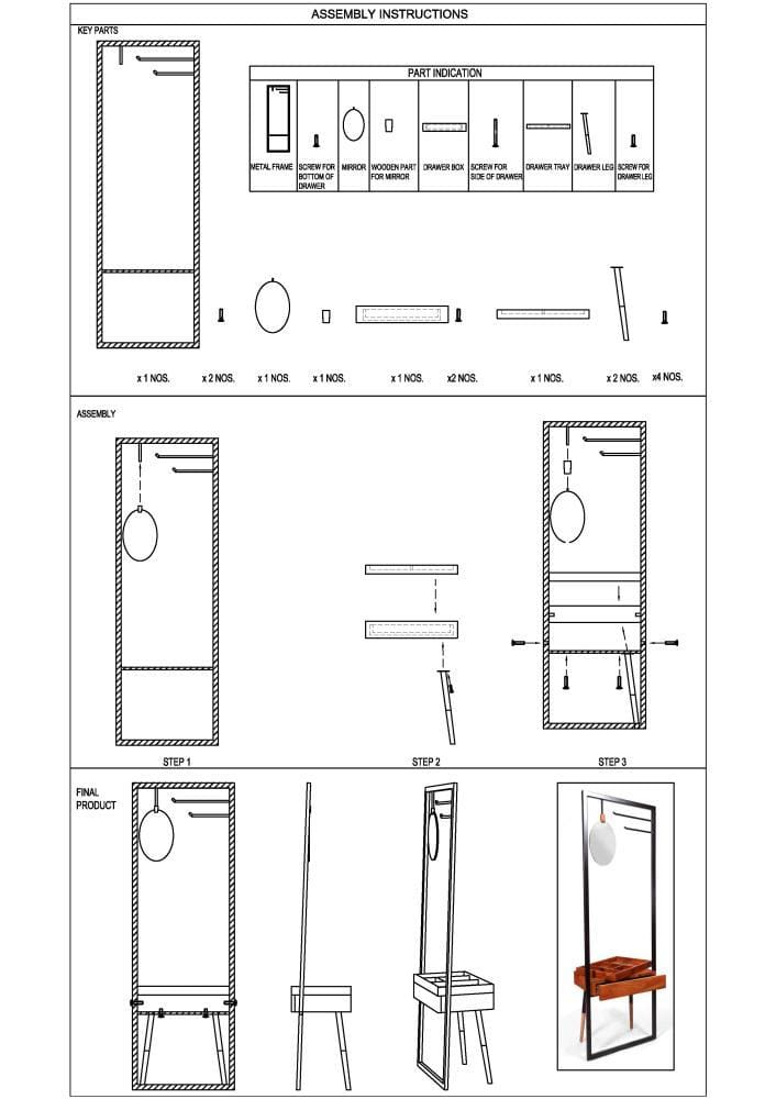 Standing Metal Coat Rack with Conjoined Mirror and 1 Drawer Desk Brown and Black By The Urban Port UPT-238073