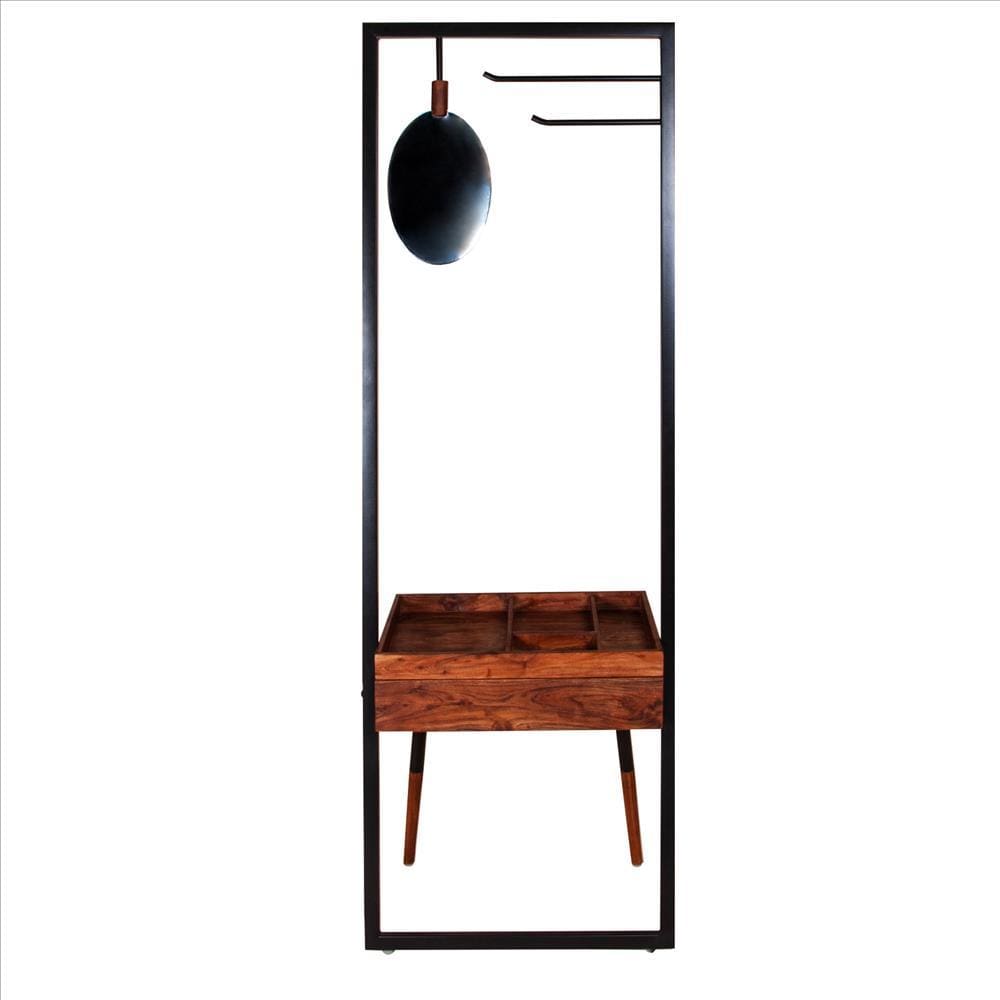 Standing Metal Coat Rack with Conjoined Mirror and 1 Drawer Desk Brown and Black By The Urban Port UPT-238073