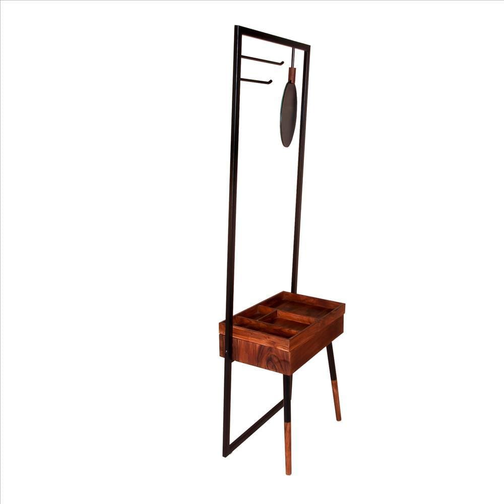 Standing Metal Coat Rack with Conjoined Mirror and 1 Drawer Desk Brown and Black By The Urban Port UPT-238073