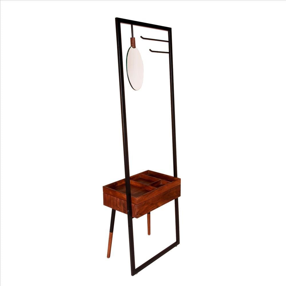 Standing Metal Coat Rack with Conjoined Mirror and 1 Drawer Desk Brown and Black By The Urban Port UPT-238073