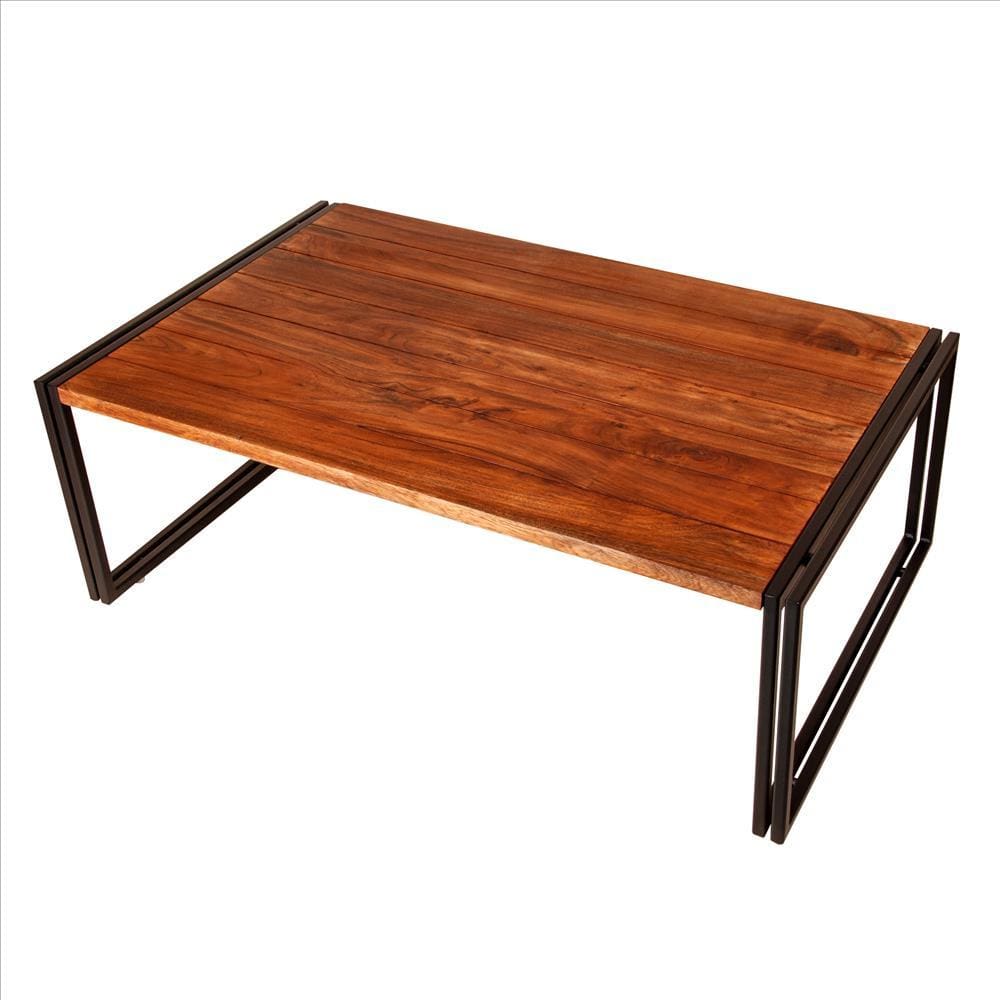 48 Inches Wooden Top Industrial Coffee Table with Metal Sled Base Brown and Black By The Urban Port UPT-238074