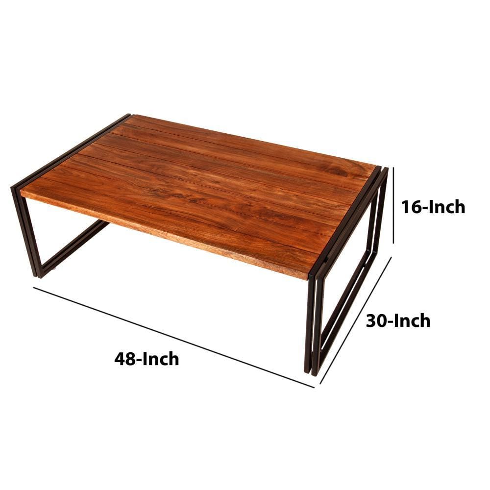 48 Inches Wooden Top Industrial Coffee Table with Metal Sled Base Brown and Black By The Urban Port UPT-238074