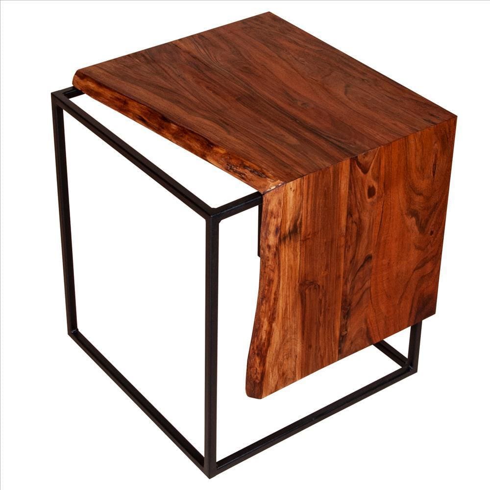 21 Inches Salvaged Design Solid Wood Industrial End Table with Metal Base Brown and Black By The Urban Port UPT-238075