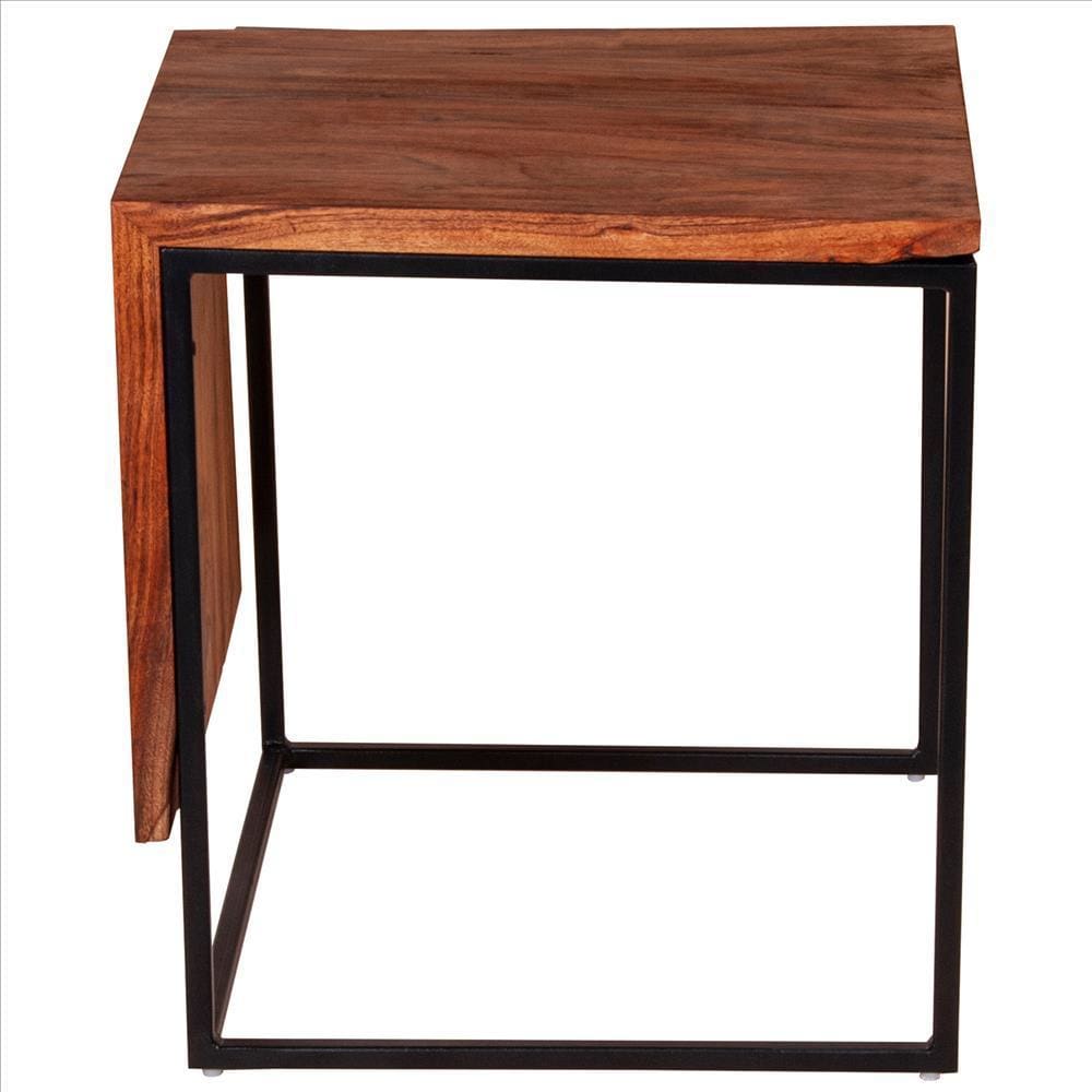 21 Inches Salvaged Design Solid Wood Industrial End Table with Metal Base Brown and Black By The Urban Port UPT-238075