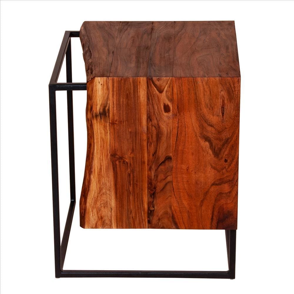 21 Inches Salvaged Design Solid Wood Industrial End Table with Metal Base Brown and Black By The Urban Port UPT-238075