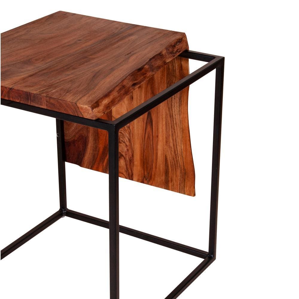 21 Inches Salvaged Design Solid Wood Industrial End Table with Metal Base Brown and Black By The Urban Port UPT-238075