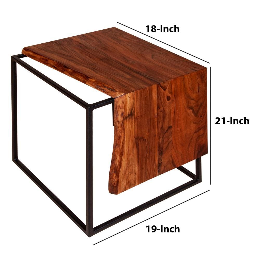 21 Inches Salvaged Design Solid Wood Industrial End Table with Metal Base Brown and Black By The Urban Port UPT-238075