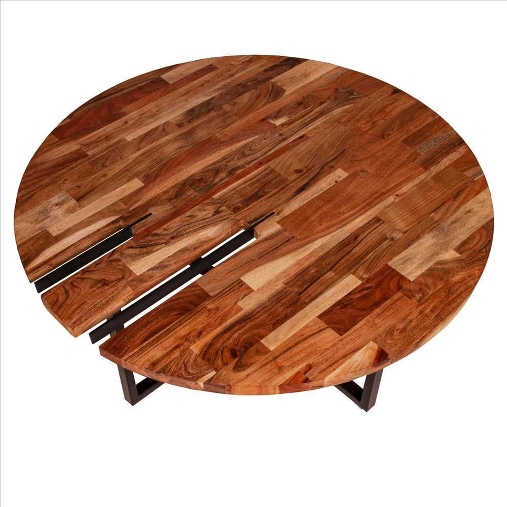 36 Inches Round Wooden Top Coffee Table with Metal Base Brown and Black By The Urban Port UPT-238077