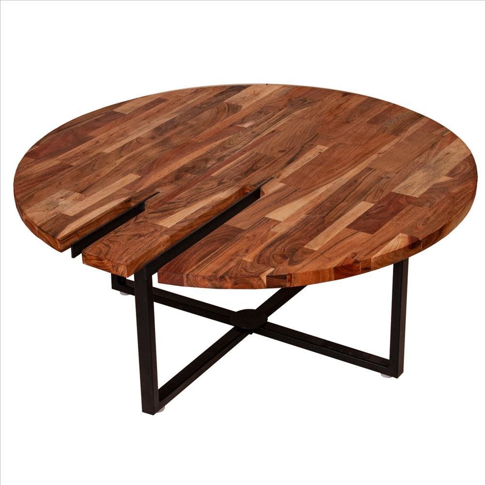 36 Inches Round Wooden Top Coffee Table with Metal Base Brown and Black By The Urban Port UPT-238077