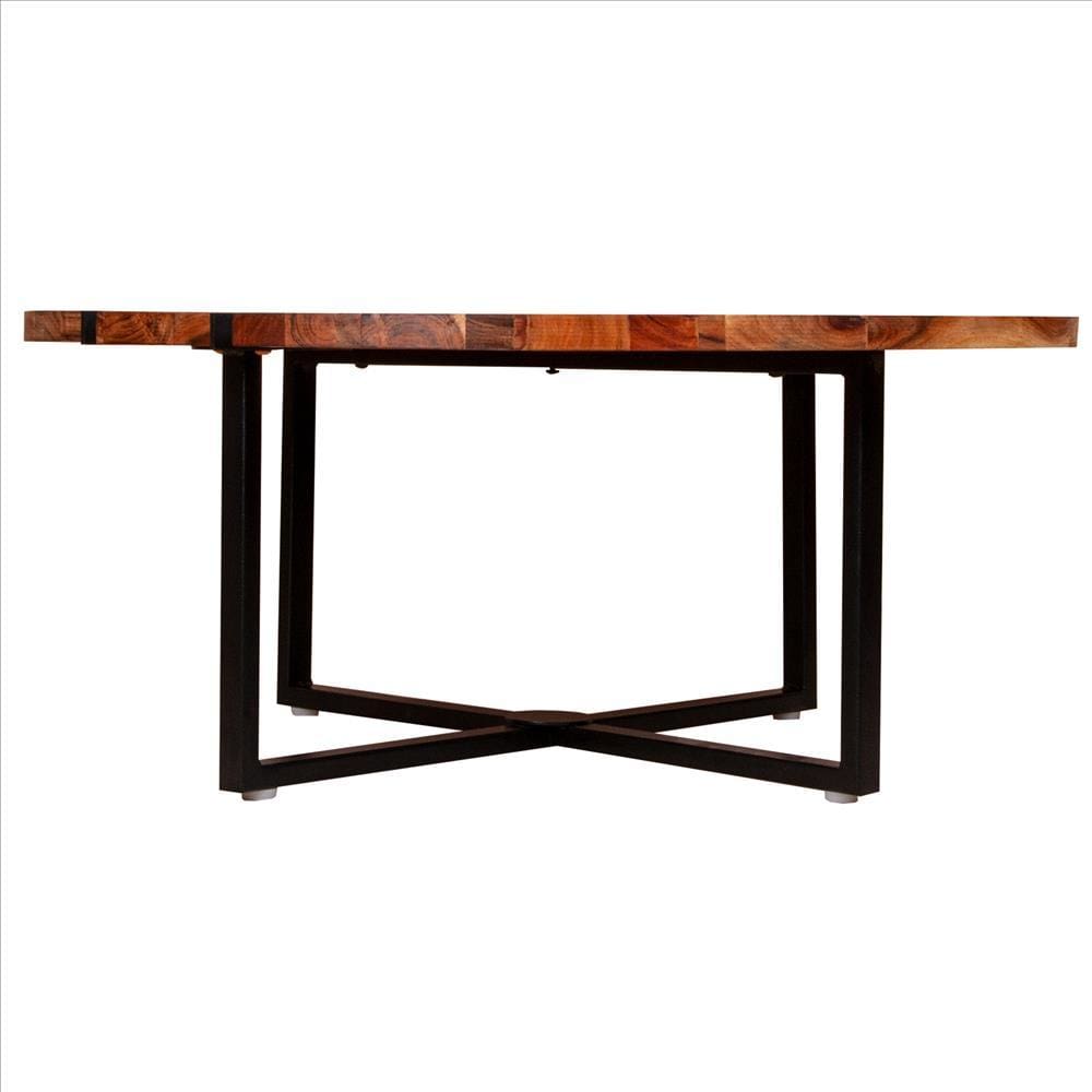 36 Inches Round Wooden Top Coffee Table with Metal Base Brown and Black By The Urban Port UPT-238077