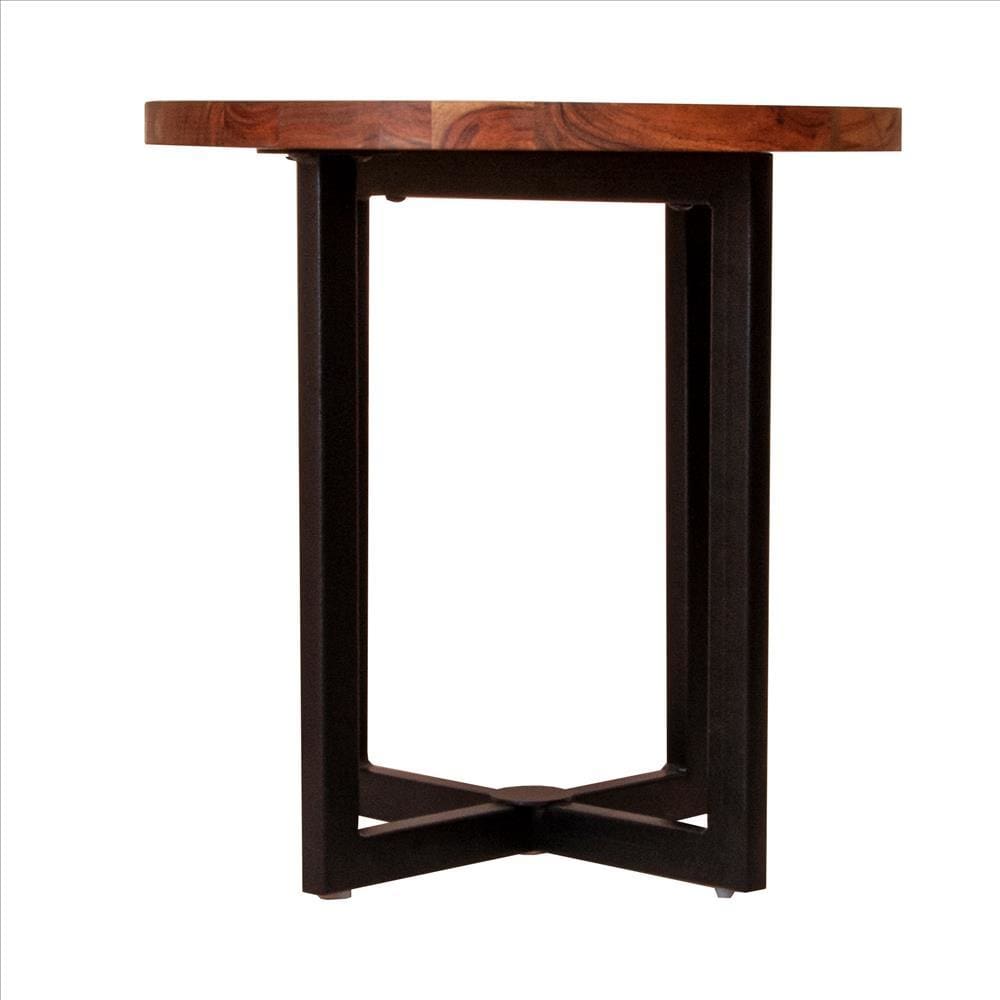 18 Inches Round Solid Wood End Table with X Shape Metal Base Brown and Black By The Urban Port UPT-238078