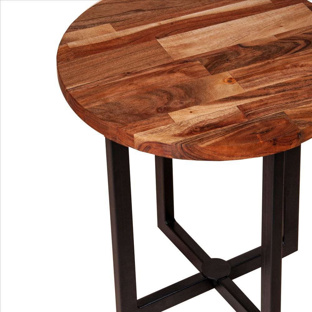 18 Inches Round Solid Wood End Table with X Shape Metal Base Brown and Black By The Urban Port UPT-238078