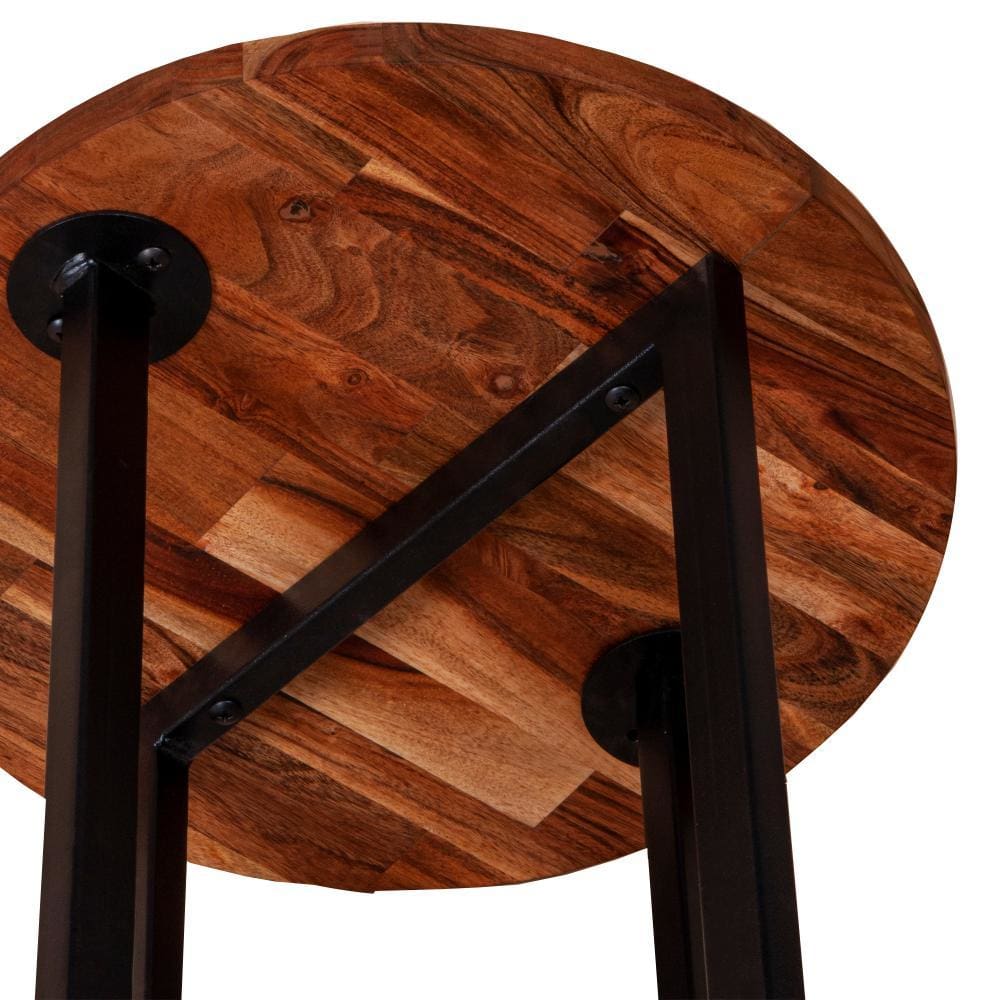 18 Inches Round Solid Wood End Table with X Shape Metal Base Brown and Black By The Urban Port UPT-238078