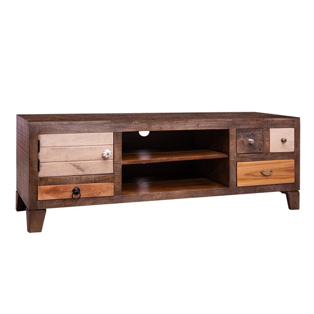 57 Inch 4 Drawer Media Console Cabinet with 1 Door and 2 Open Compartments Brown By The Urban Port UPT-238083