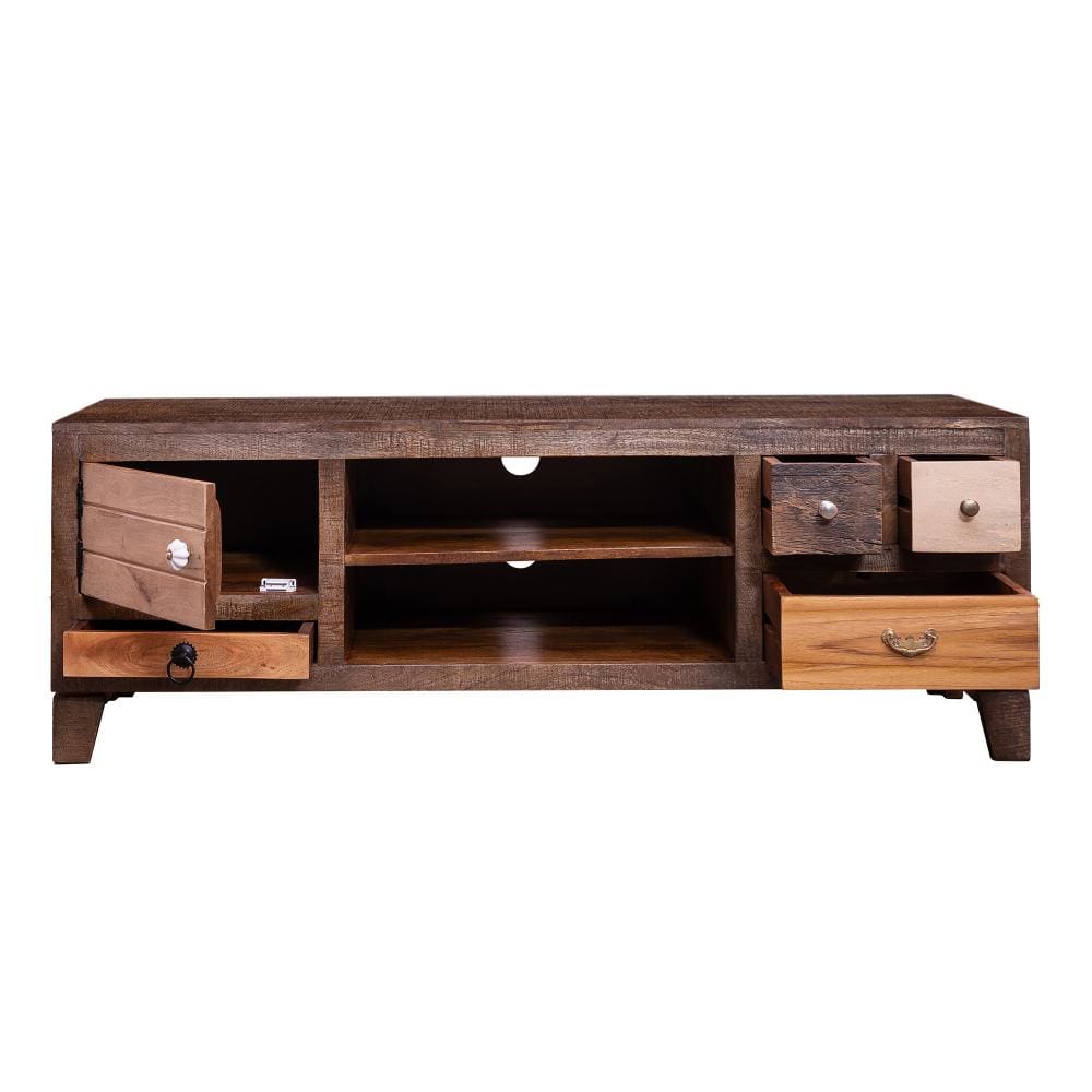 57 Inch 4 Drawer Media Console Cabinet with 1 Door and 2 Open Compartments Brown By The Urban Port UPT-238083