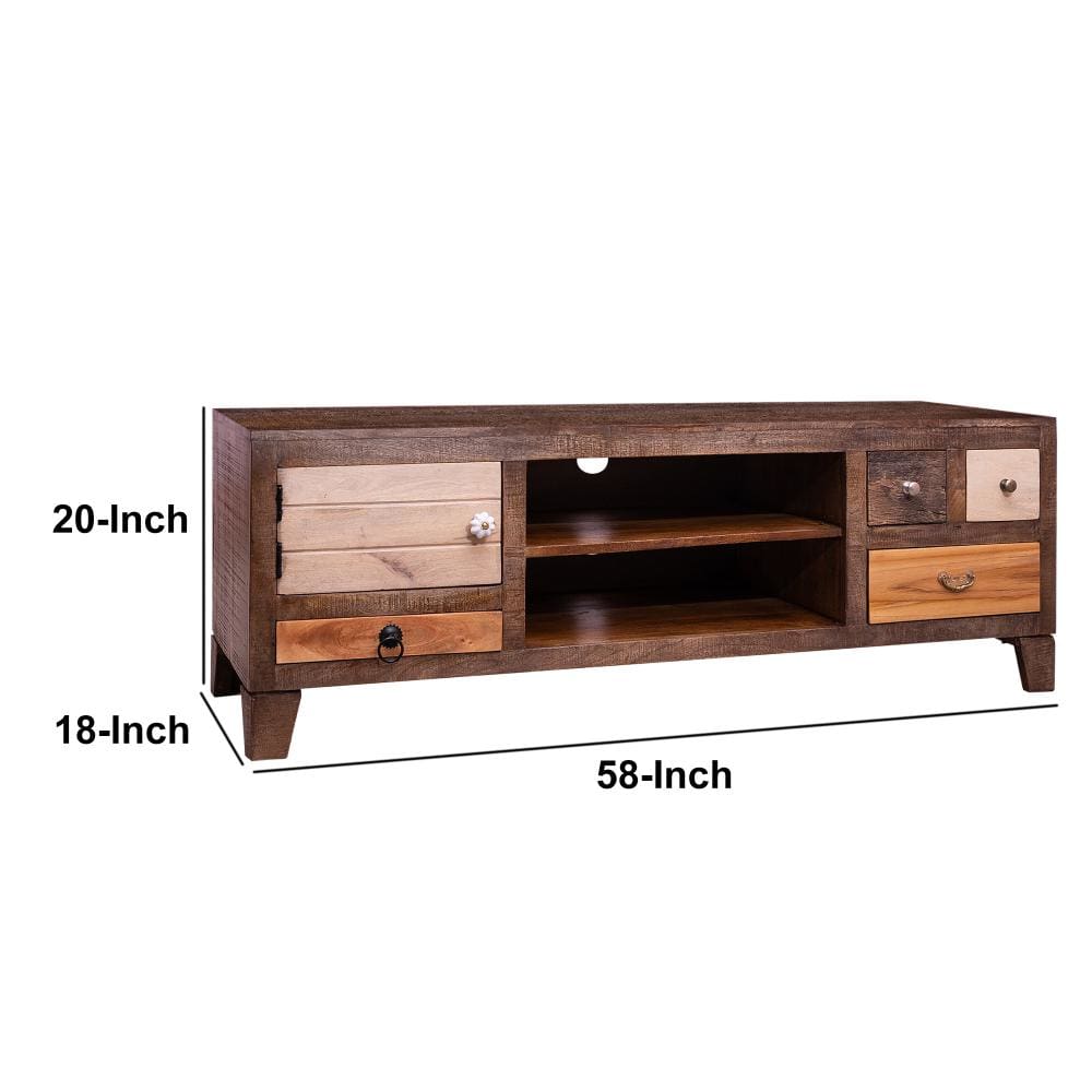 57 Inch 4 Drawer Media Console Cabinet with 1 Door and 2 Open Compartments Brown By The Urban Port UPT-238083