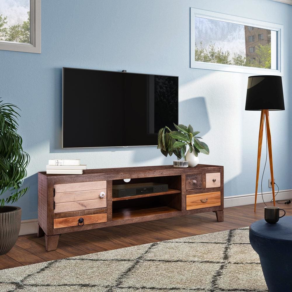 57 Inch 4 Drawer Media Console Cabinet with 1 Door and 2 Open Compartments Brown By The Urban Port UPT-238083