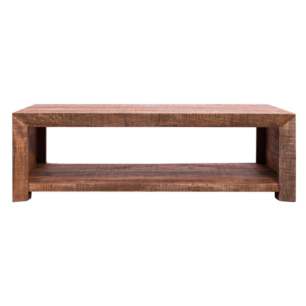 Rough Hewn Saw Textured Wooden Coffee Table with Open Bottom Shelf Brown By The Urban Port UPT-238084