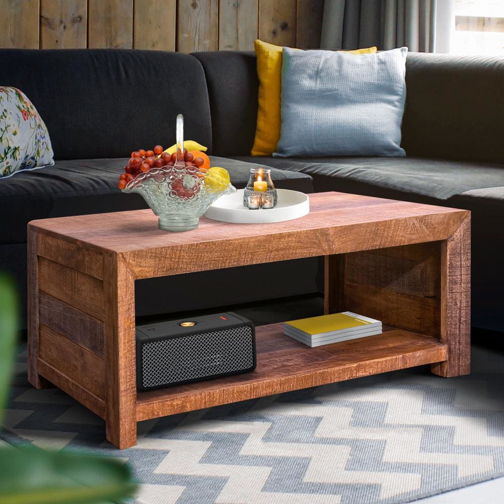 56 Inch Rough Hewn Saw Mango Wood Coffee Table, Open Bottom Shelf, Brown By The Urban Port