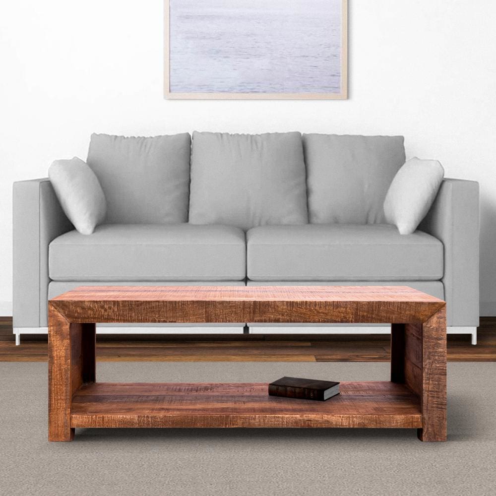 Rough Hewn Saw Textured Wooden Coffee Table with Open Bottom Shelf Brown By The Urban Port UPT-238084