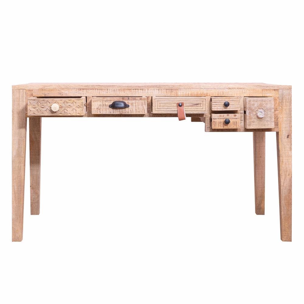 6 Drawer Grained Rustic Wooden Home Office Desk with Straight Legs Antique White By The Urban Port UPT-238085