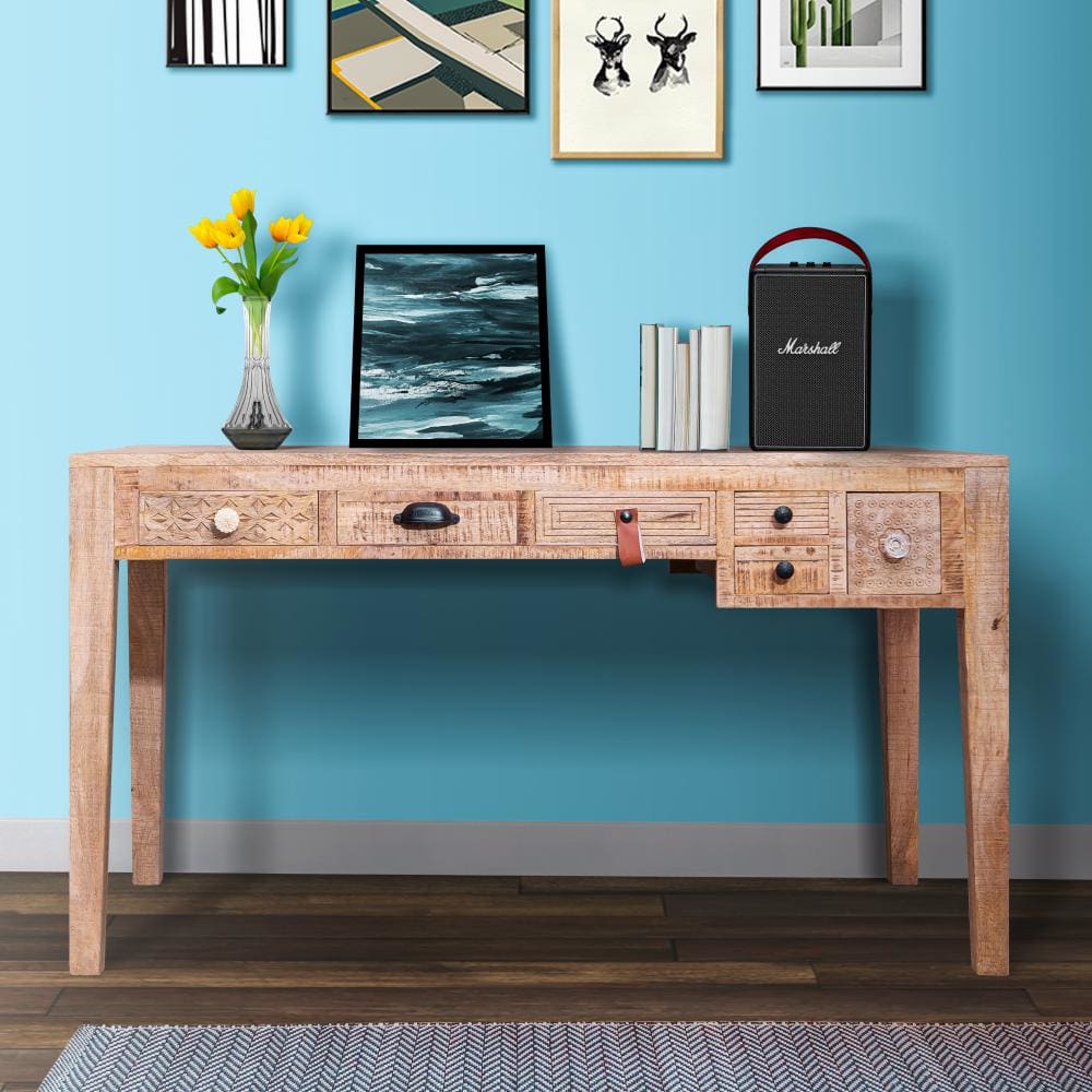 6 Drawer Grained Rustic Mango Wood Home Office Desk with Straight Legs, Weathered Brown By The Urban Port