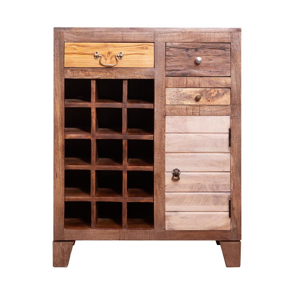 35 Inch 3 Drawer Wooden 15 Bottle Wine Accent Cabinet with 1 Door Storage Brown By The Urban Port UPT-238087