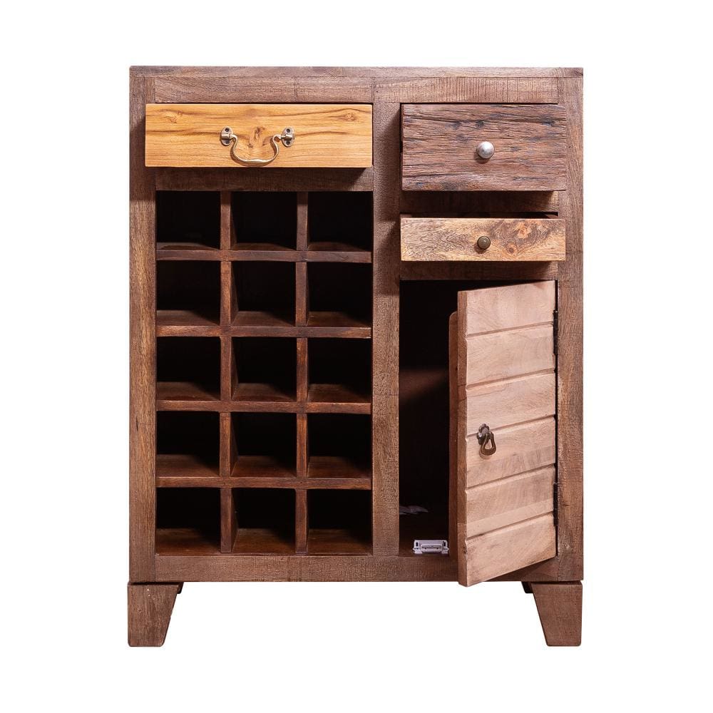 35 Inch 3 Drawer Wooden 15 Bottle Wine Accent Cabinet with 1 Door Storage Brown By The Urban Port UPT-238087