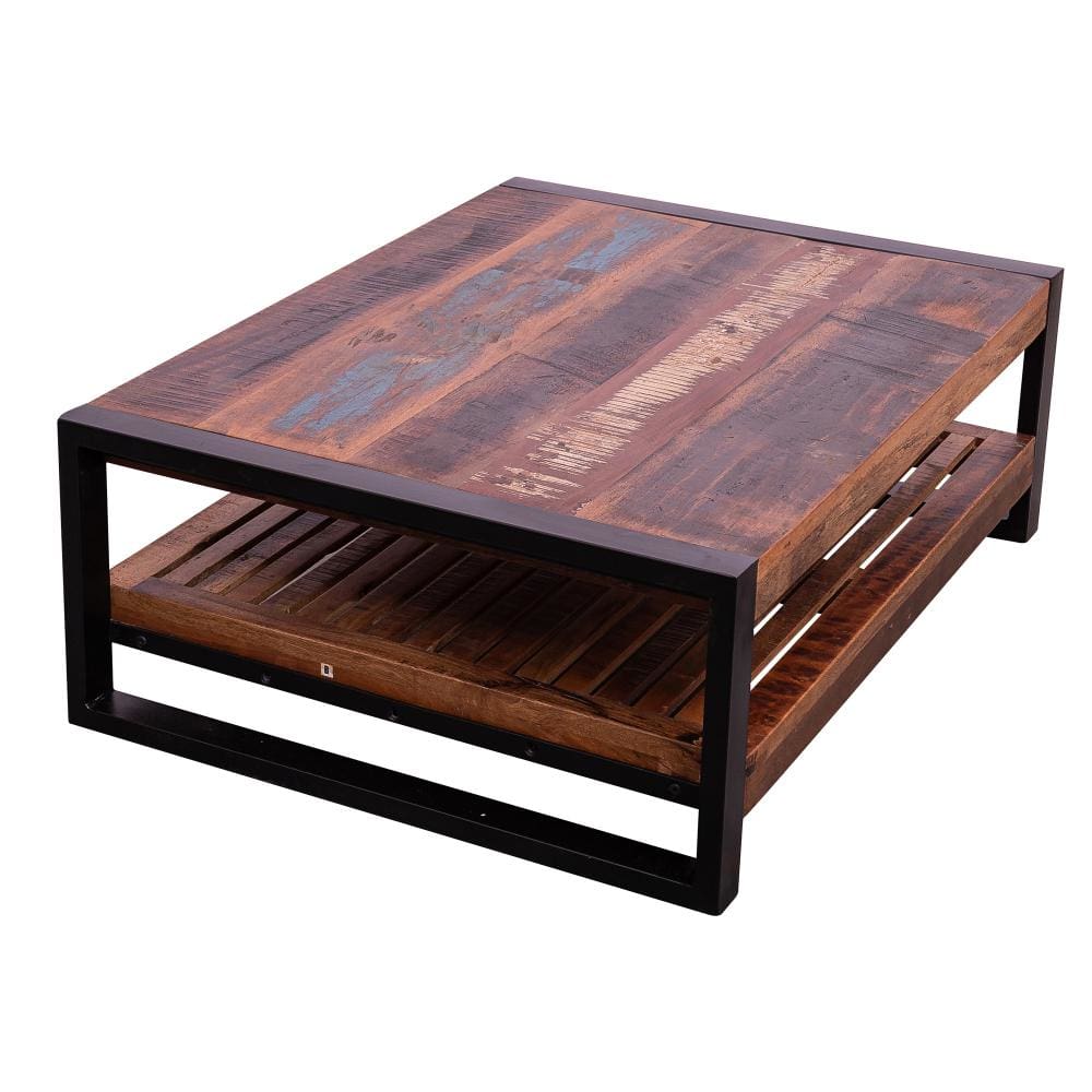 Rectangular Rustic Wooden Coffee Table with Planked Bottom Shelf Multicolor By The Urban Port UPT-238091