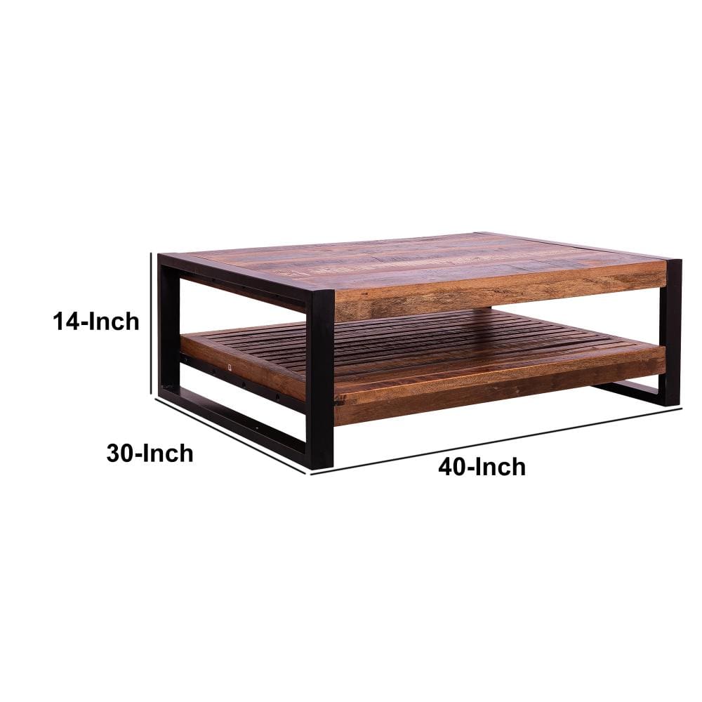 Rectangular Rustic Wooden Coffee Table with Planked Bottom Shelf Multicolor By The Urban Port UPT-238091