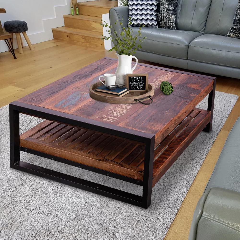 Rectangular Rustic Wooden Coffee Table with Planked Bottom Shelf Multicolor By The Urban Port UPT-238091