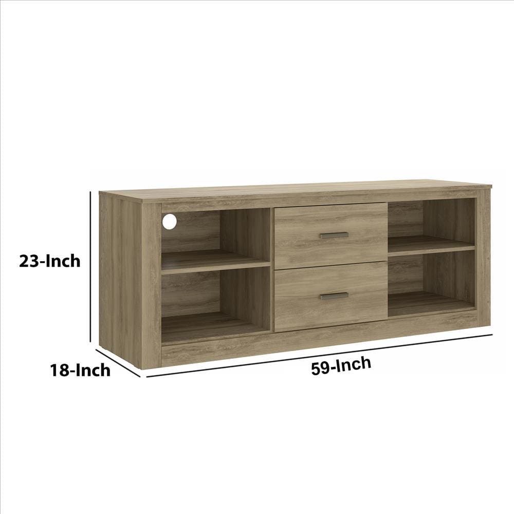 59 Inch Wooden TV Stand with 2 Drawers and 4 Open Compartments Oak Brown By The Urban Port UPT-238270